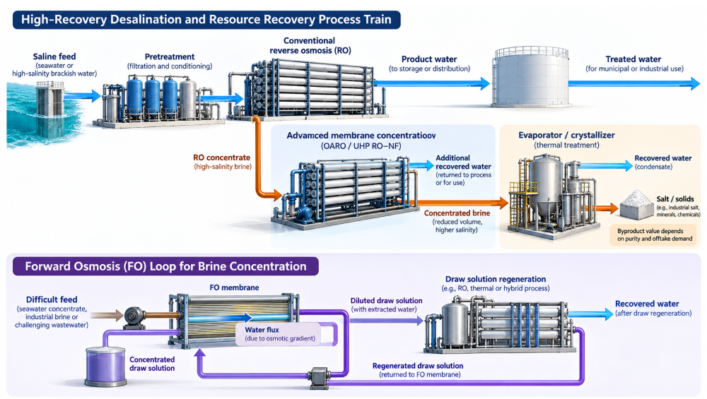 The accompanying process illustration follows saline feedwater through conventional RO, advanced membrane concentration and thermal crystallization, with separate outputs for recovered water and residual solids. A forward-osmosis loop shows the diluted draw solution undergoing regeneration before its return to the FO membrane.