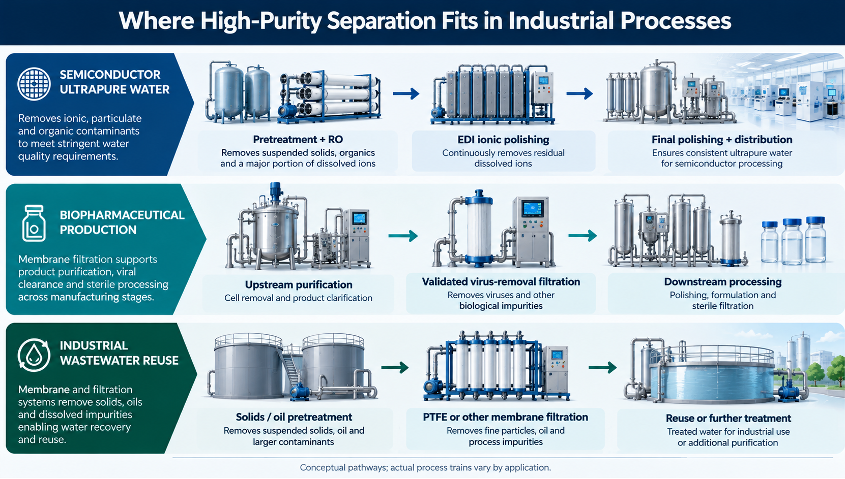Three illustrative process workflows showing semiconductor ultrapure-water production, biopharmaceutical purification and industrial wastewater reuse, including the positions of EDI and membrane filtration.