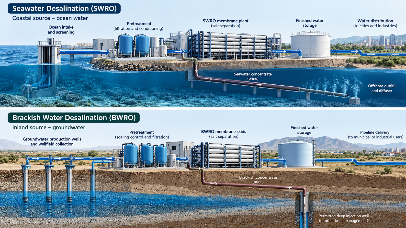 The accompanying technical illustration compares coastal seawater intake, pretreatment, SWRO separation and offshore concentrate discharge with inland groundwater abstraction, BWRO treatment, finished-water delivery and permitted concentrate handling.